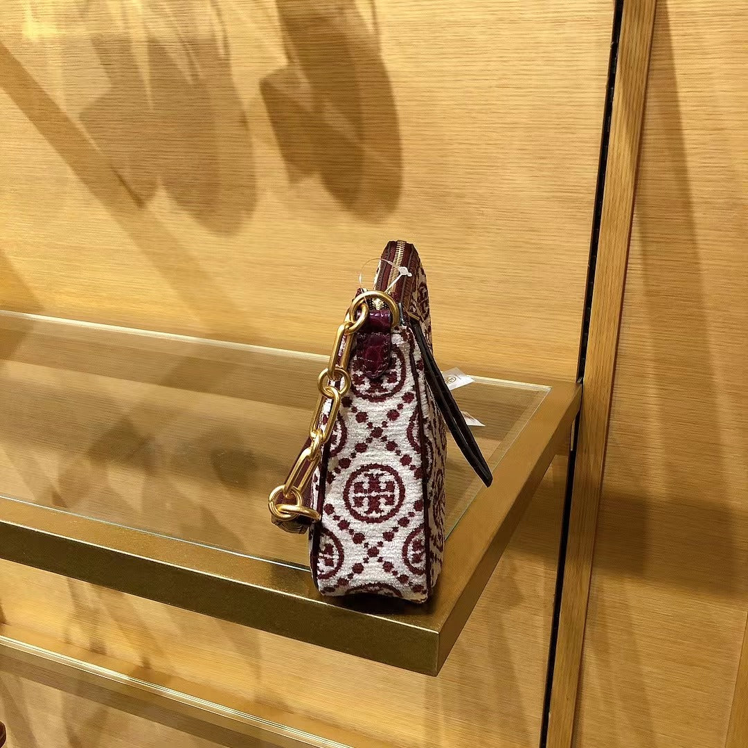 TORY BURCH 86553 1121 T MONOGRAM CHENILLE STUDIO BAG IN Claret / New Cream TORY BURCH 86553 1121 T MONOGRAM CHENILLE STUDIO BAG IN Claret / New Cream